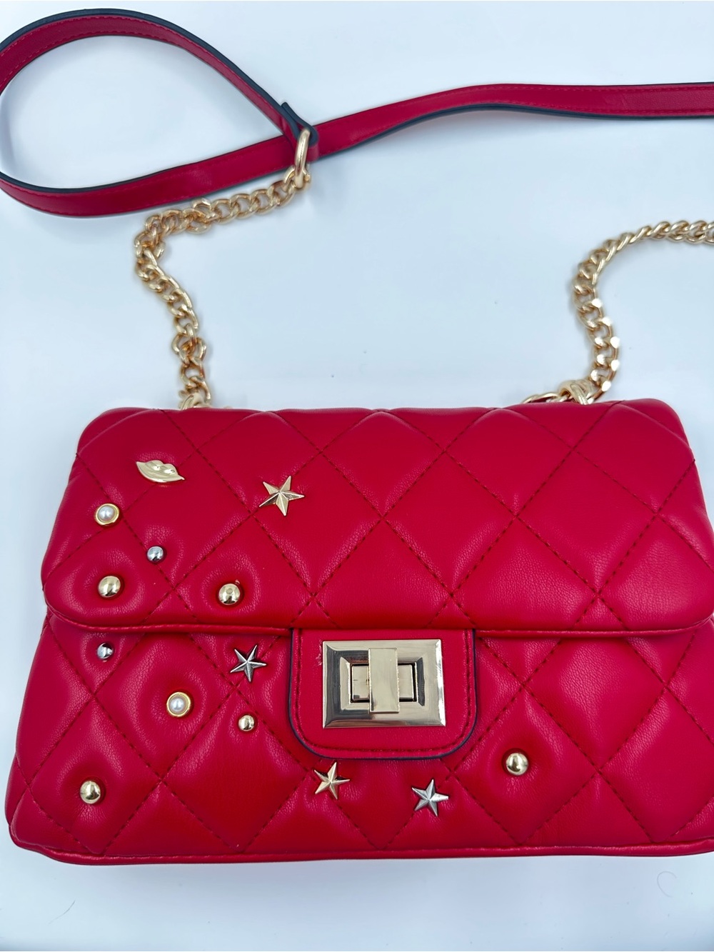 ALDO Quilted Red Chain Shoulder Bag with Stud Accents